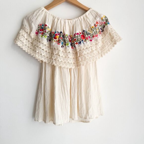 Vintage Gauze Ivory Cotton Floral Embroidered Off The Shoulder Top S - Picture 3 of 3